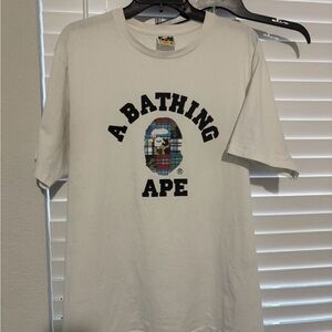 Bape White Short Sleeve Tee with Plaid Logo